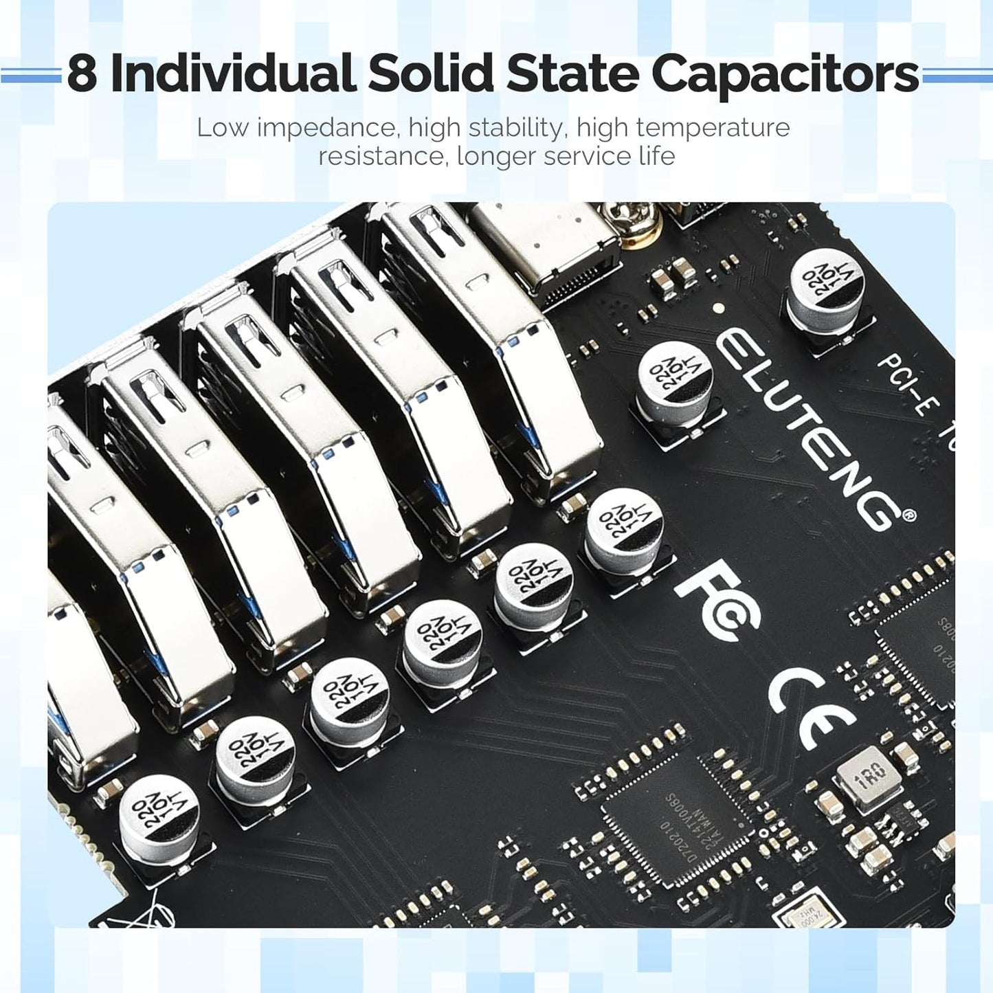 ELUTENG PCIE USB 3.2 Card 8 Ports PCI Expree to USB C Expansion Card Superspeed 6 USB and 2 Type C PCI-e USB3 Hub Controller Adapter 3 Independent Power Module