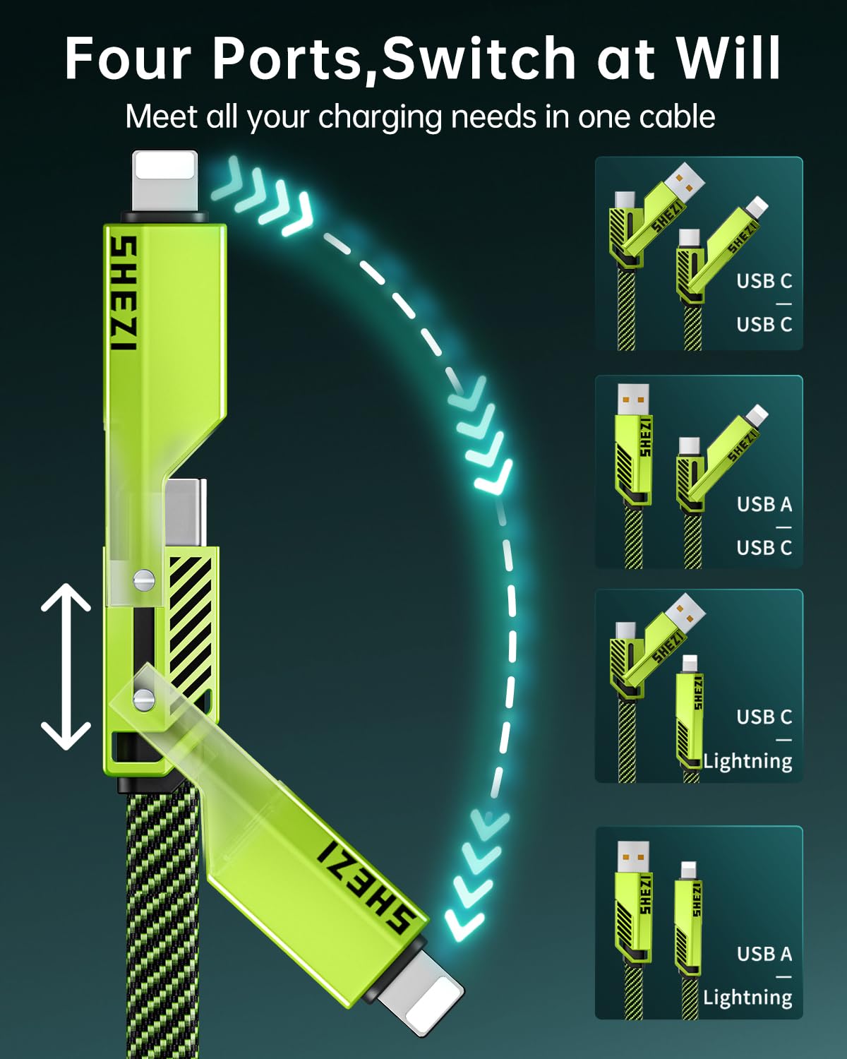 SHEZI [Upgraded 2.0 4-in-1 USB C Cable 60W 5FT Fast Charging [480Mbps Data Transfer] Flat Nylon Braided Charger Cord Combo, USB A/C to C/L Multi Charge Cable for iPhone/iPad & Most Devices, Green