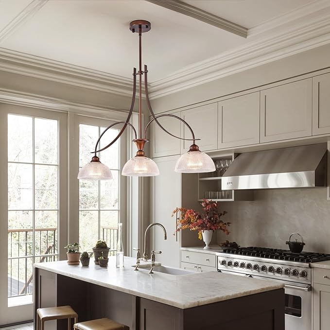 3-Light Oil Rubbed Bronze Pendant Light for Kitchen Island Farmhouse Dining Room Chandelier Over Table Adjustable Hanging Light Fixtures with Crystal Glass for Living Room Hallway Entryway