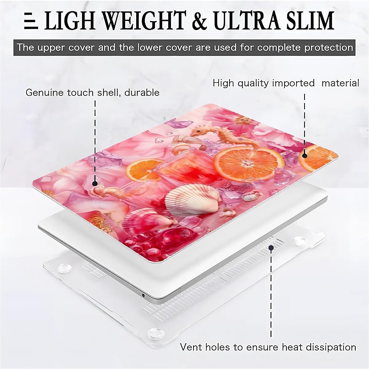 Compatible with MacBook Air 13.3 13.6 Inch Case 2022 2021 2020 2019 Plastic Hard Shell Case Cover,13.3 Air (A1932/A2179/A2337), Pink Floral with Sea Shells