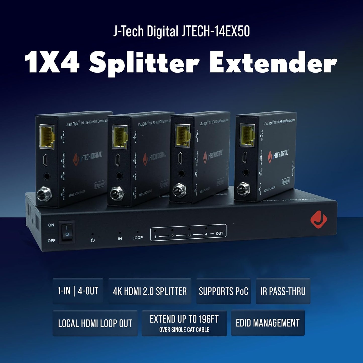 J-Tech Digital HDMI 2.0 4K 1x4 Splitter Extender Over Single Cable CAT6 with PoC Up to 196 FT 1-in 4-Out w/Local Loop Output & Low Latency [JTECH-14EX50]