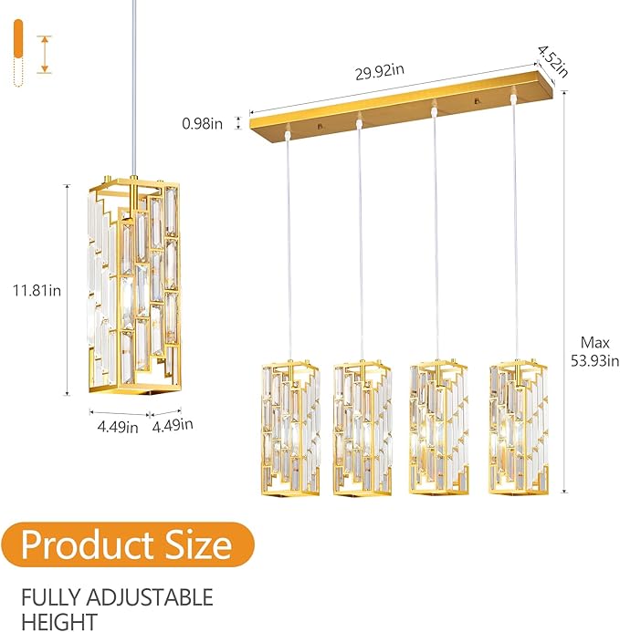 Gold Pendant Lighting Modern Pendant Light, Mini Crystal Chandeliers,Adjustable Pendant Light Fixture for Kitchen Island Dinning Room Bedroom (4 Light)