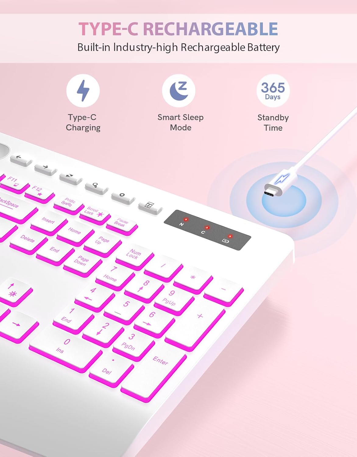 Trueque Wireless Keyboard with 7 Colored Backlits, Phone Holder, Wrist Rest, Rechargeable Ergonomic Keyboard with Silent Light Up Keys, Cordless Computer Keyboard for Windows, Mac, Laptop - (White)