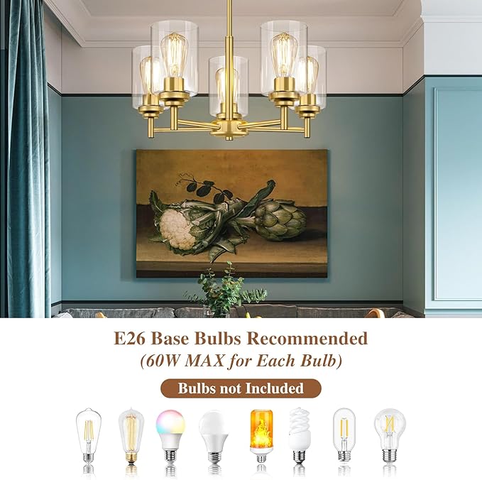 5-Light Chandelier for Dining Room Kitchen Island Modern Farmhouse Pendant Lighting with Clear Glass Shades Industrial Gold Hanging Ceiling Light Fixture for Foyer Living Room, Height Adjustable