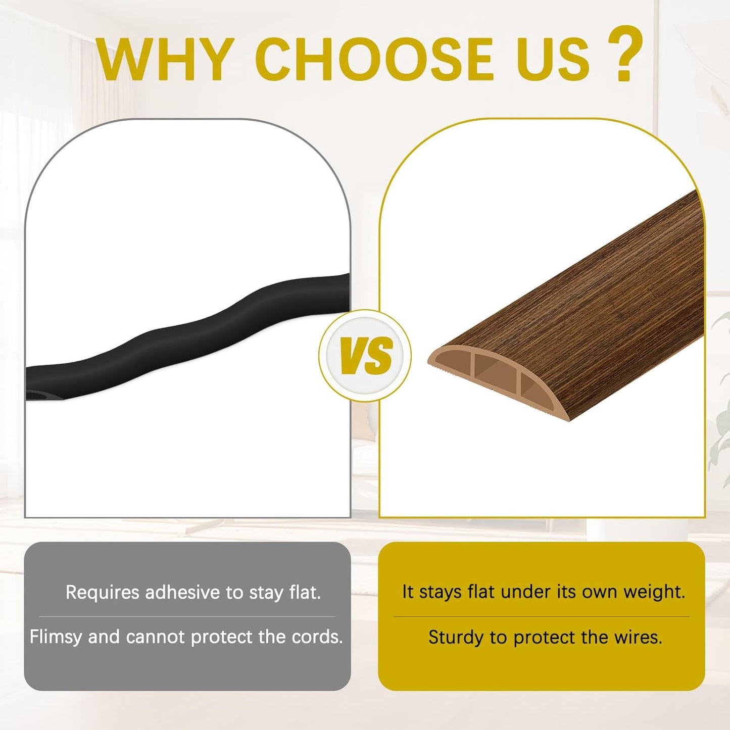 Floor Cord Cover 3.3FT Cord Covers for Wires on Floor Protect Wires & Prevent Trip Hazards, Easy to Cut for Home, Office, School, Concerts, Cavity W0.6in x H0.32in