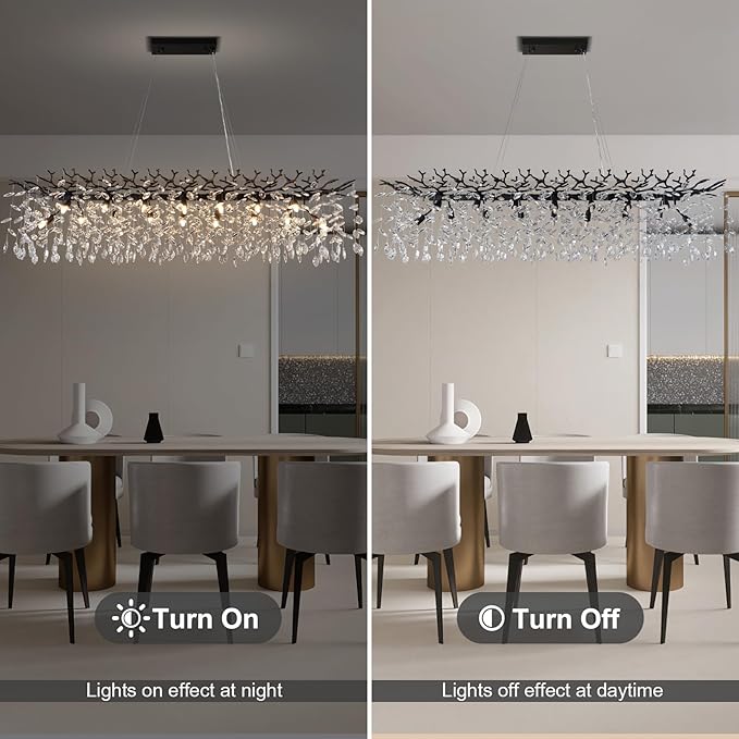 YUYI 60" Black Tree Branch Chandelier, 16-Light Rectangular Crystal Chandelier for Dining Room Kitchen Island, Luxury Modern K9 Crystal Raindrop Chandeliers Light Fixture for Living Room