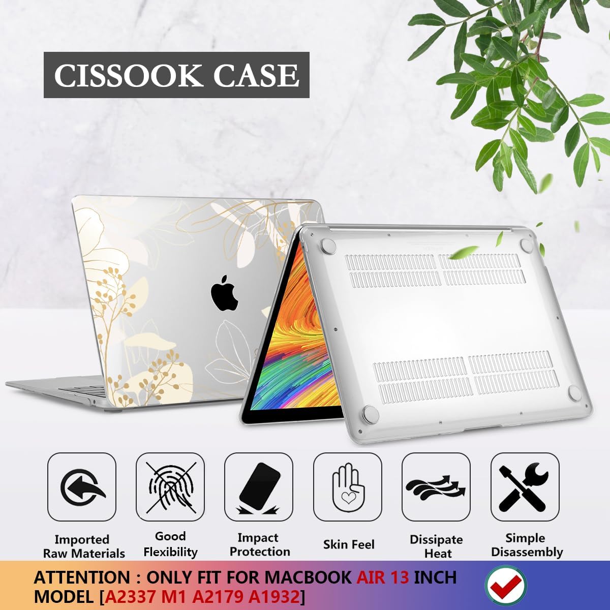 CISSOOK for MacBook Air 13 inch Case 2021 2020 2019 2018 Release Model A2337 A2179 A1932 with Retina Display +Touch ID, Plastic Hard Shell Case + Keyboard Cover for MacBook Air 13 M1, Golden Flowers