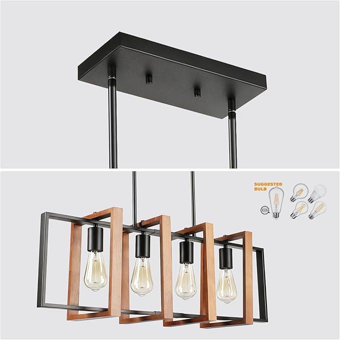 4-Light Island Lights for Kitchen, Rectangular Wood and Black Metal Kitchen Island Chandelier 31.5" Adjustable Rustic Modern Dining Room Light Fixtures Over Table, Chandeliers for Dining Room