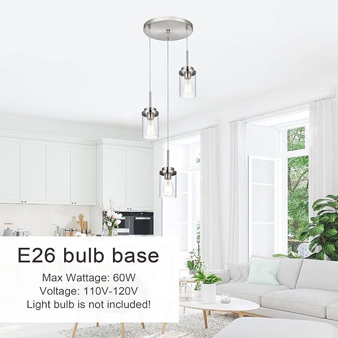 MELUCEE 3-Light Hanging Chandelier Light for Dining Room in Brushed Nickel, Modern Kitchen Island Pendant Lighting Adjustable Hanging Ceiling Lamp with Clear Glass Shade