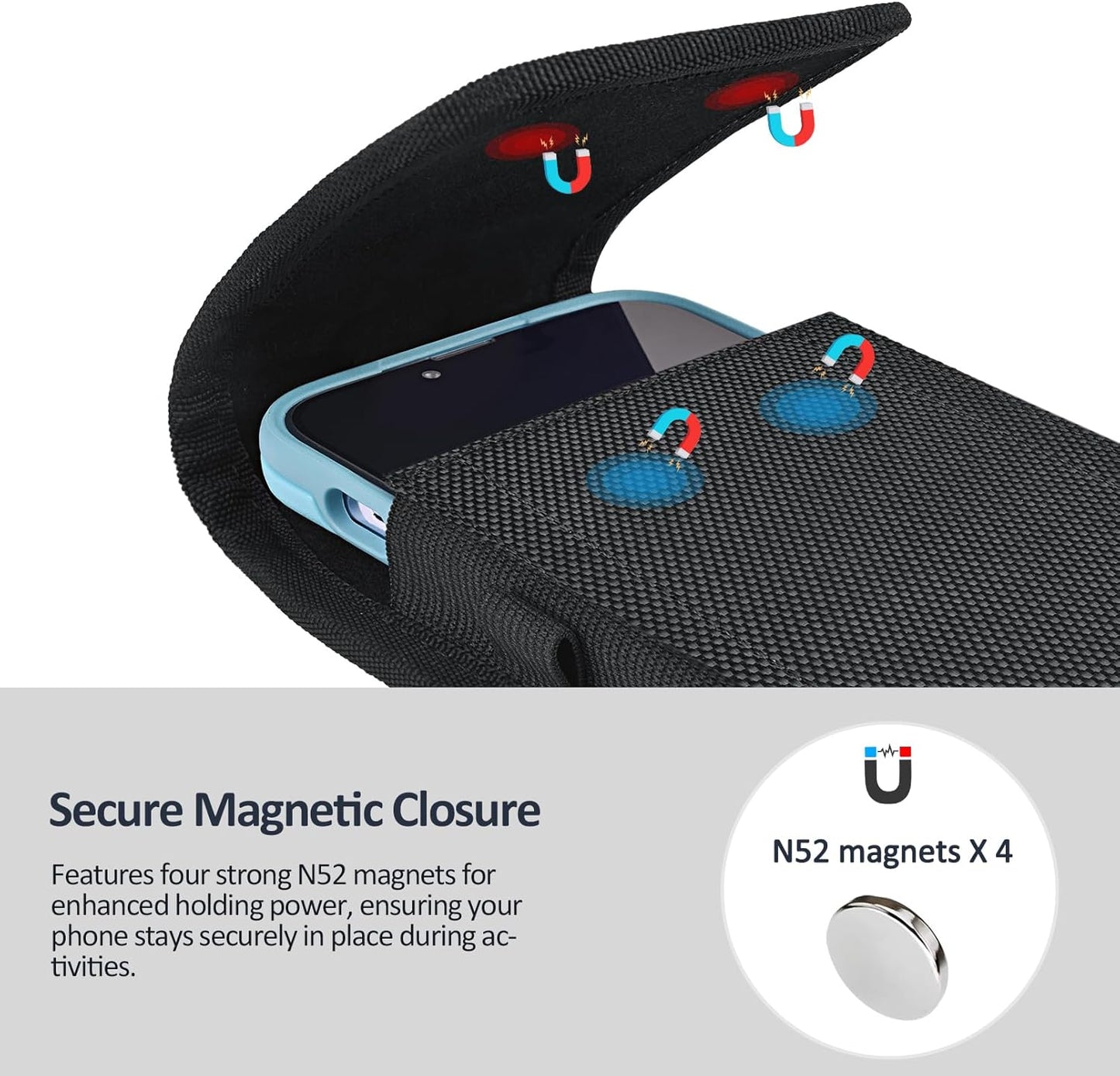 Phone Holster for Belt with Metal Clip and Magnetic Closure Compatible with iPhone 16/15/14/13/12 Pro and Non-Pro, Galaxy S25 S24 S23 S22 for Everyday Protection, M-Black