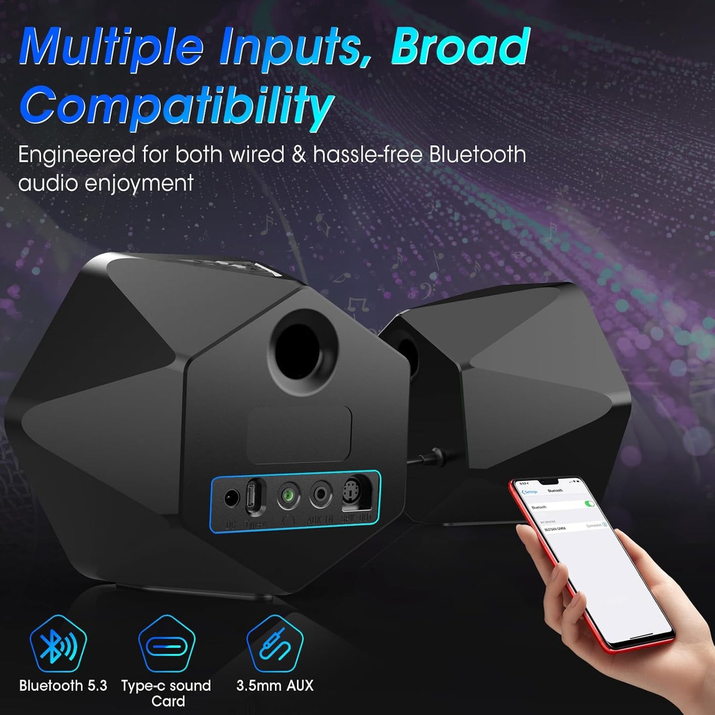 BESTISAN Computer Gaming Speakers with 8 RGB Modes, Compact Design, DC Powered Desktop Speaker with 3 EQ Modes, 50W Active Speakers with Bluetooth 5.3, AUX in, Headphone, Type-C Port for PC/Laptop/TV