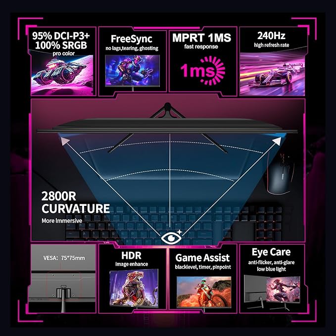 ZZA 24.5" Curved Gaming Monitor, 240Hz|144Hz FHD(1920 * 1080P) VA Screen Computer Monitor, Supports Freesync, 120% sRGB, Blue Light Filter,AMD Freesync, Wall Mountable Installs(HDMI 1.4/DP 1.2)
