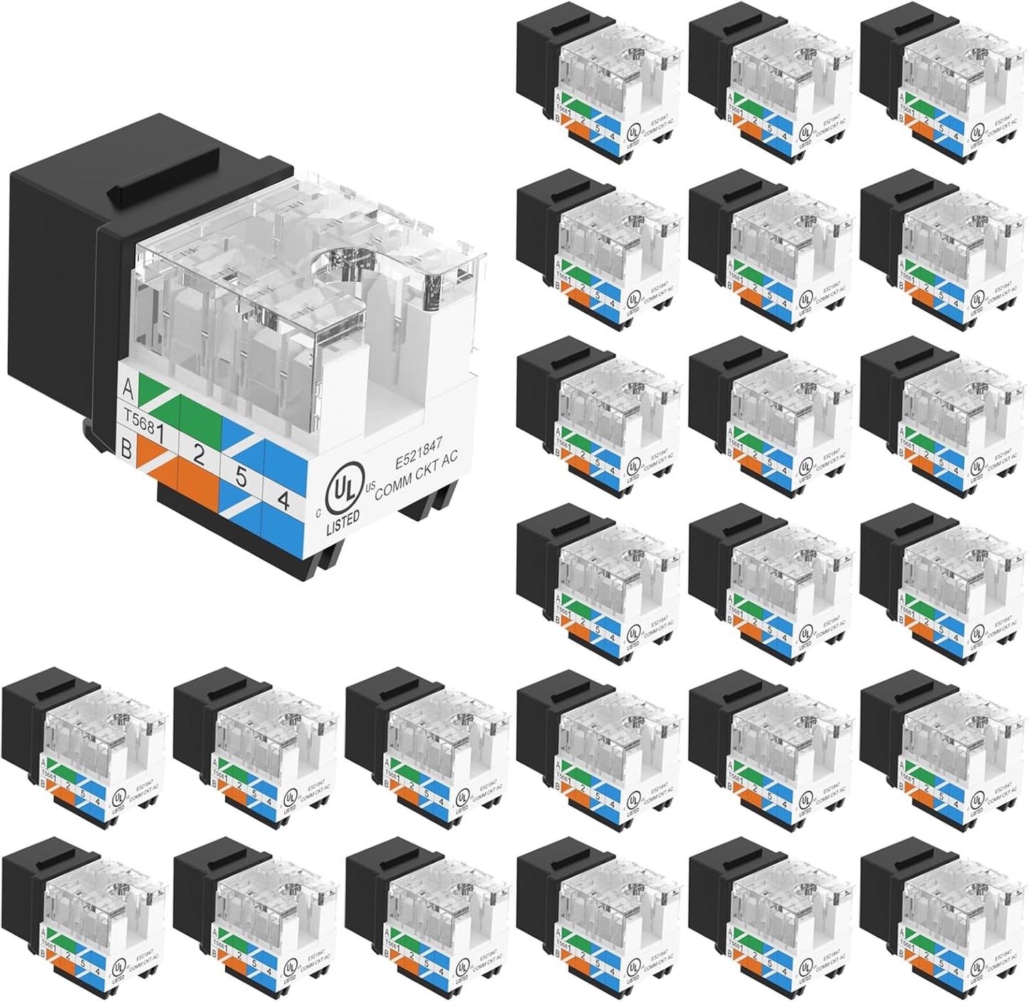 VCE UL Listed Cat6 RJ45 Keystone Jack Insert 25-Pack, 90 Degree Punch Down Keystone Jack Adapter Slim Profile Black