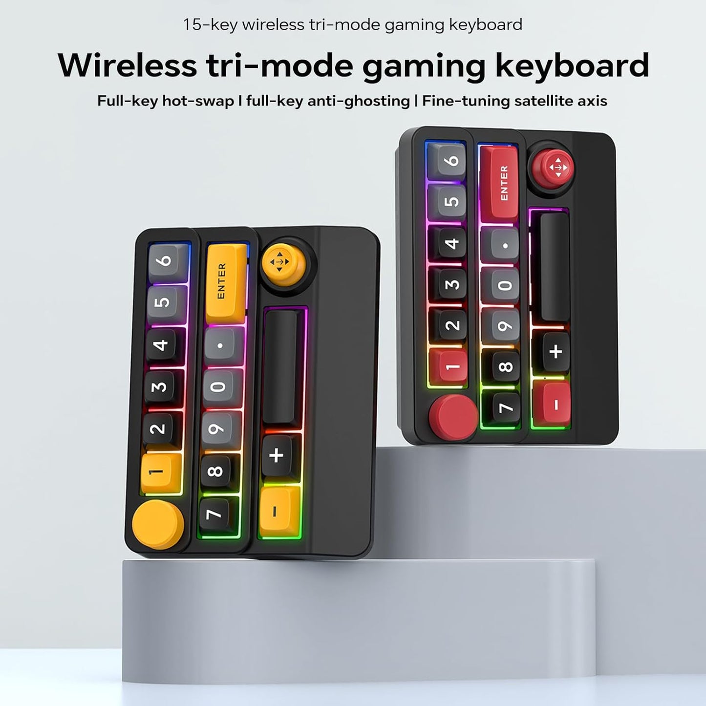 Adventurers W909 Wireless RGB Mechanical Numeric Keypad, Hot-Swappable, Macro-Programmable Numpad, Joystick & Knob Control for PC/Tablet/Laptop/Phone, Tri-Mode Connectivity (Yellow on Black)