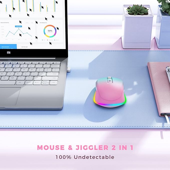 PEIOUS Wireless Mouse Jiggler - LED Wireless Mice with Build-in Mouse Jiggler Mover, Rechargeable Moving Mouse for Computer with Undetectable Random Movement Keeps Computer Awake - Gradient Pink