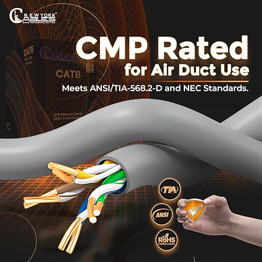 NewYork Cables | CAT6 Plenum Cable 1000ft UL/ETL Listed, 100% Pure Copper, UTP, 550MHz, 23AWG, 4Pair 10GB Ethernet Cable | Certified CMP-Rated Fire-Resistant (1000ft, Pure Copper UL Listed, Grey)
