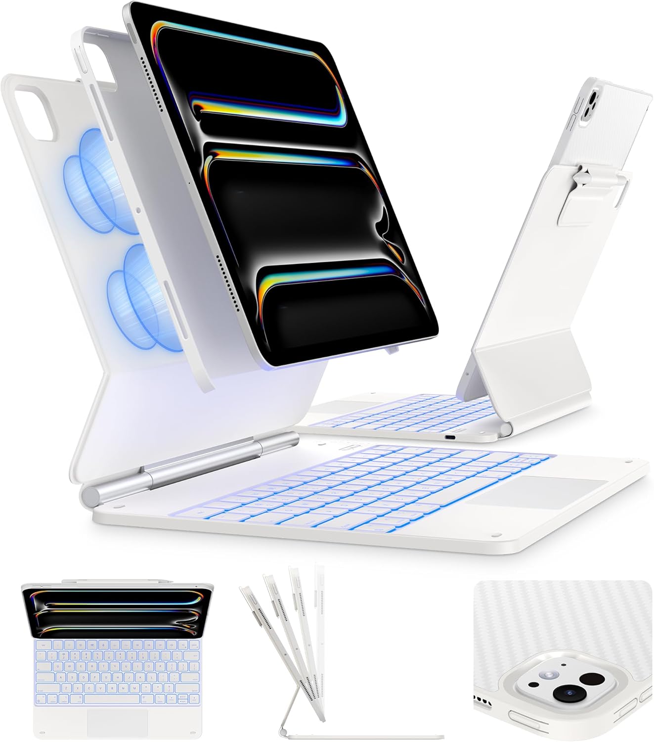typecase Keyboard Case for 2024 iPad Pro 13-inch (M4), White Keyboard with White Carbon Fiber Protective Case,Portrait & Typing Modes,Built-in Trackpad,11-Color Backlight,Magnetic Stand,Pencil Holder