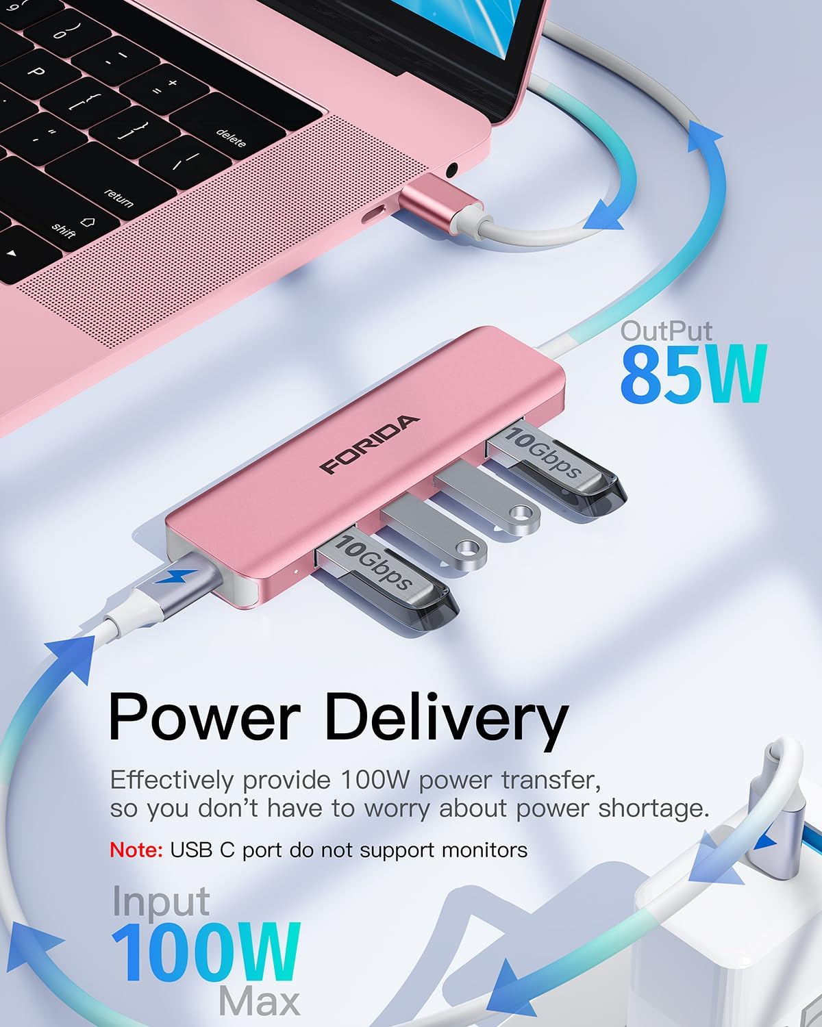 USB C Hub, 10Gbps USB 3.1 Adapter for MacBook, with 100W PD Charging, 2 USB C 3.1 10Gbps and 2 USB A 3.1 Data Ports, Compatible with Surface, XPS, Samsung, Dell and More (Rose Gold)