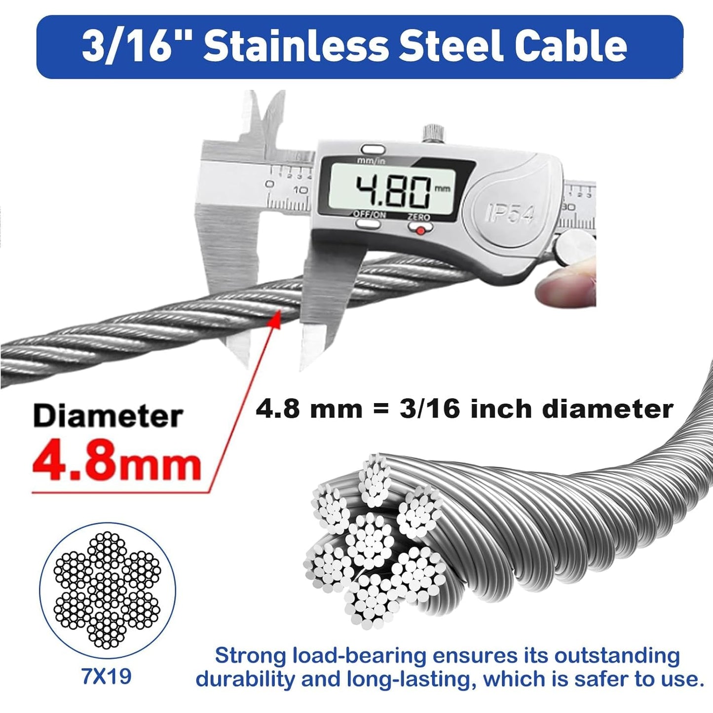 TooTaci 3/16 Wire Rope Kit with M8 Turnbuckles for Cables Wire, 50ft Stainless Steel Cable, Clamps and Thimbles, 7x19 Strands Heavy Duty Aircraft Cable for Zipline, Deck Railing, Shade Sail