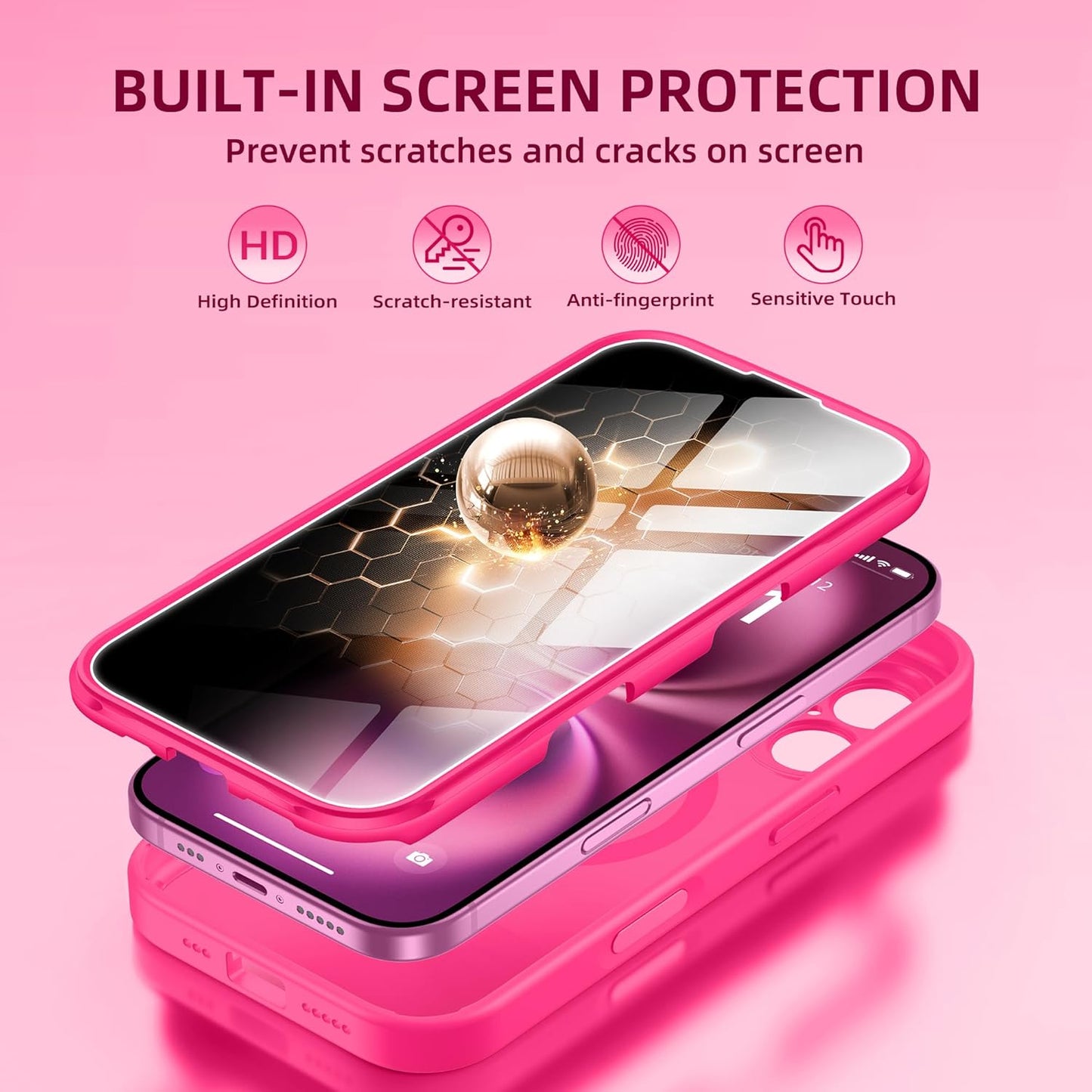 BERFY Magnetic for iPhone 16 Plus Case, Compatible with MagSafe, Built-in Privacy Screen Protector and Upgraded Camera Protection, Anti-Spy Full Body Shockproof Phone Case for 16 Plus 6.7", Hot Pink