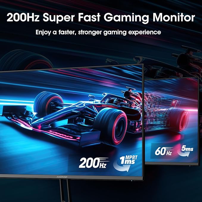 Amzfast 24 Inch Gaming Monitor 180Hz 200Hz FHD 1080p Computer Monitor, 1ms Adaptive Sync, 3000:1, 129% sRGB HDR Display, Eye Care VESA 75x75 Metal Stand HDMI 2.0 | DP 1.4, AMZG24X1