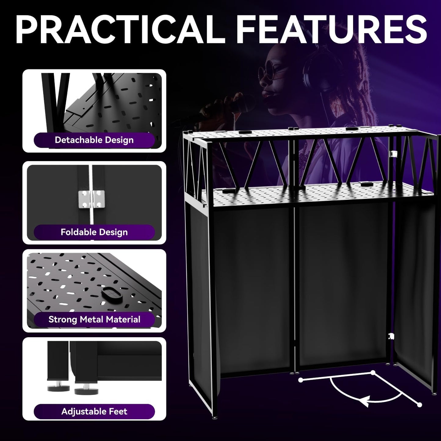 Portable DJ Booth T able,Foldable DJ Table Stand Portable with White & Black Scrim,Adjustable DJ Facade Booth Station Metal Frame D J Table with Cable Hole for Private Events, Clubs, Bars (50*25 XL)