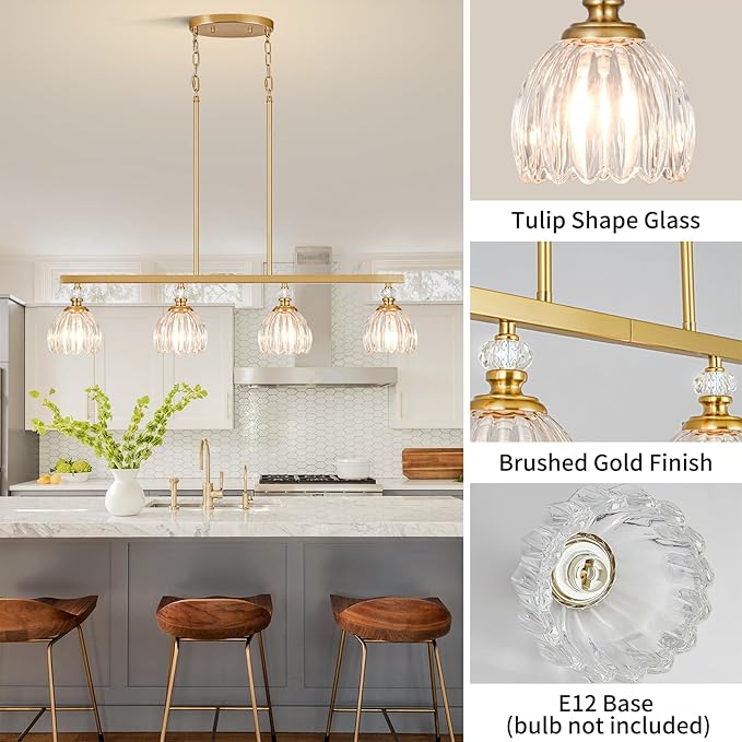Gold Island Light for Kitchen, 4-Light Linear Chandelier for Kitchen Island with Tulip Glass Shades, Brushed Gold Finish Hanging Light Pendant Fixture Over Dining Table