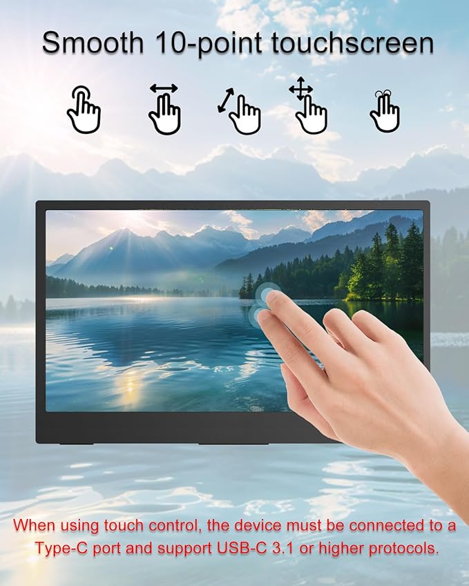 Portable Monitor Touchscreen 14.1'' Ultra-Thin Lightweight 1920x1080P Built-in Speakers 100% sRGB 10-Point Touch Type-C/Standard HDMI Compatible with PS4/PS5/PC/Mac and Other Devices