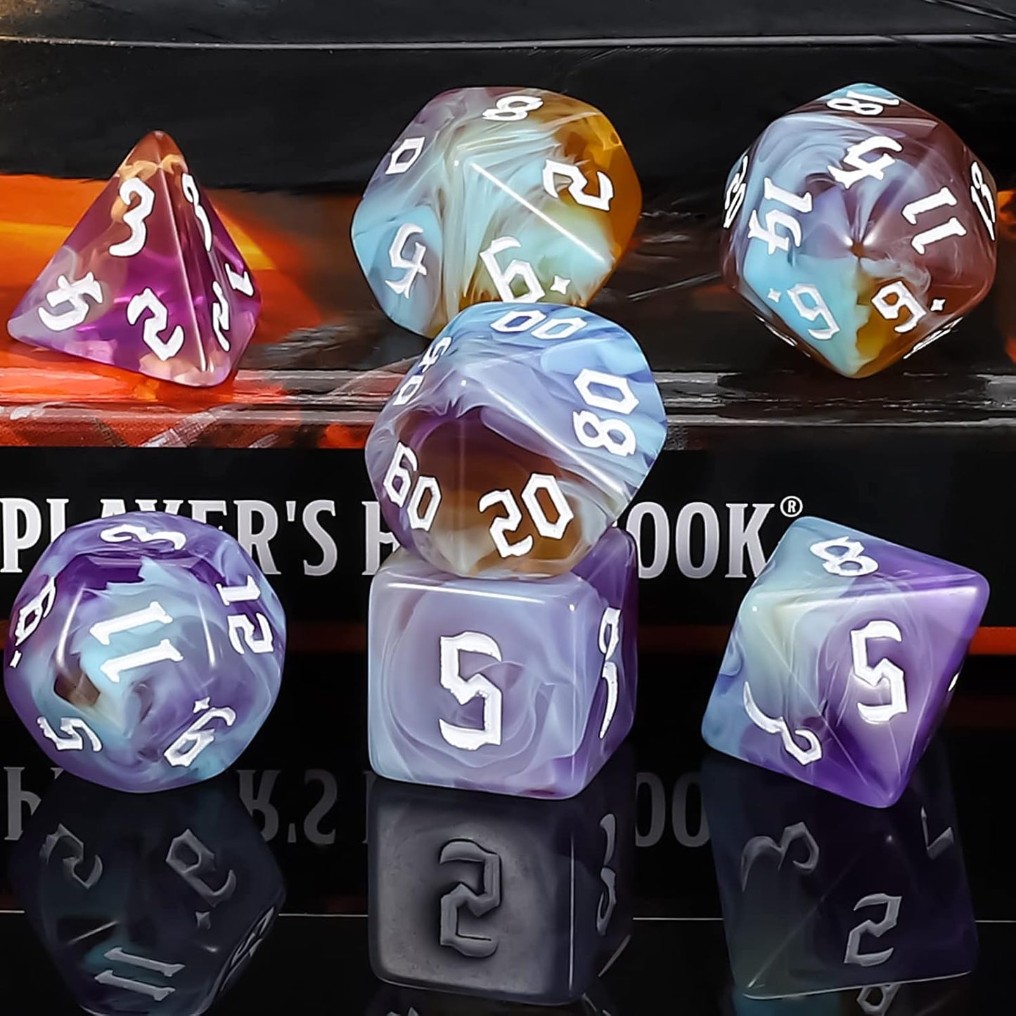 QMAY DND Dice Set -D&D Polyhedral Dice (7pcs) for Dungeons and Dragons (Water Blue and Purple)