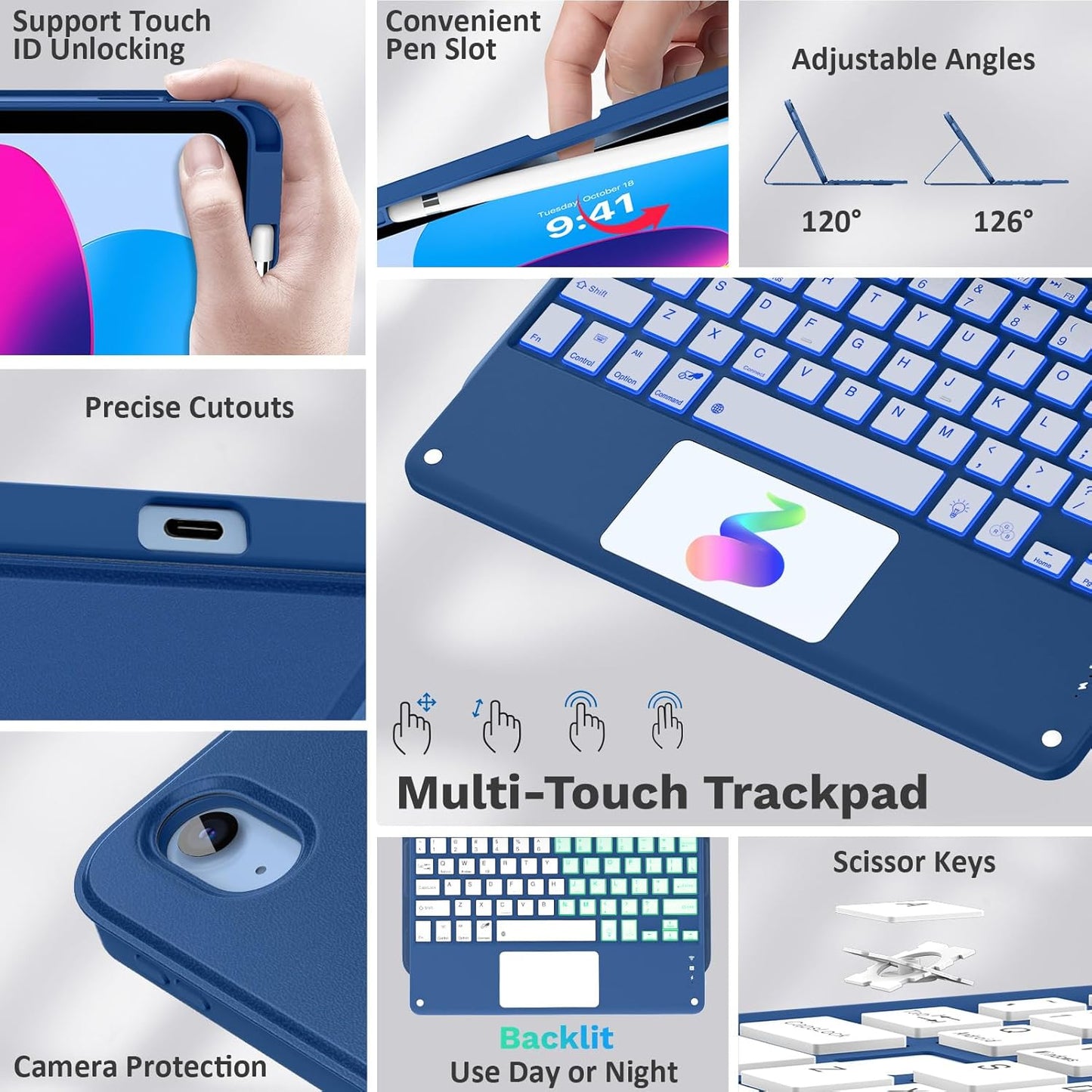 MoKo Touch Keyboard Case for iPad (A16) 11th Generation 11 inch 2025, iPad 10th Generation 10.9 inch Case with Pencil Holder, 7 Colors Backlit Multi-TrackPad Detachable Bluetooth Keyboard, Navy Blue