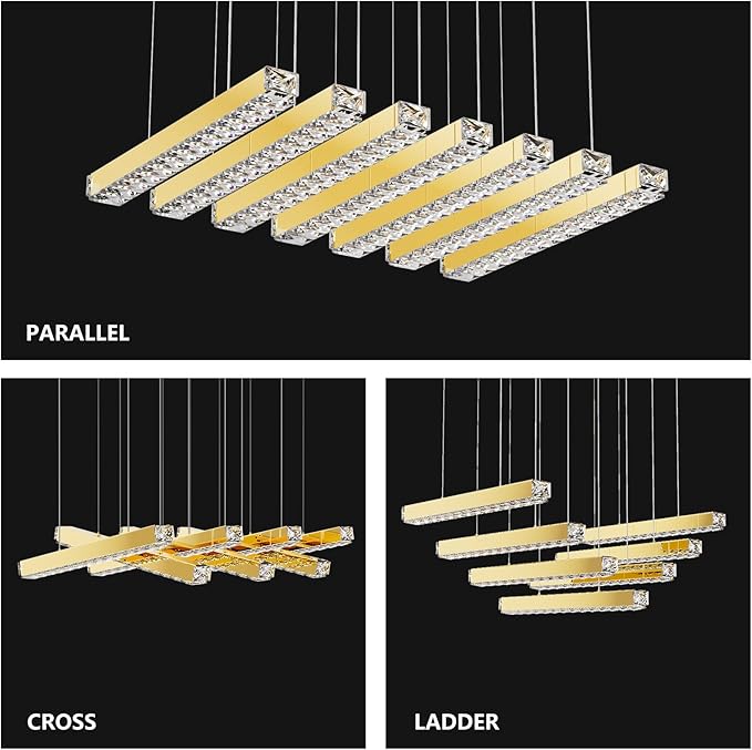 Modern LED Crystal Chandelier Gold Linear Crystal Chandeliers for Dining Room 7lights for Dining, Living Room, Kitchen Island, Bedroom