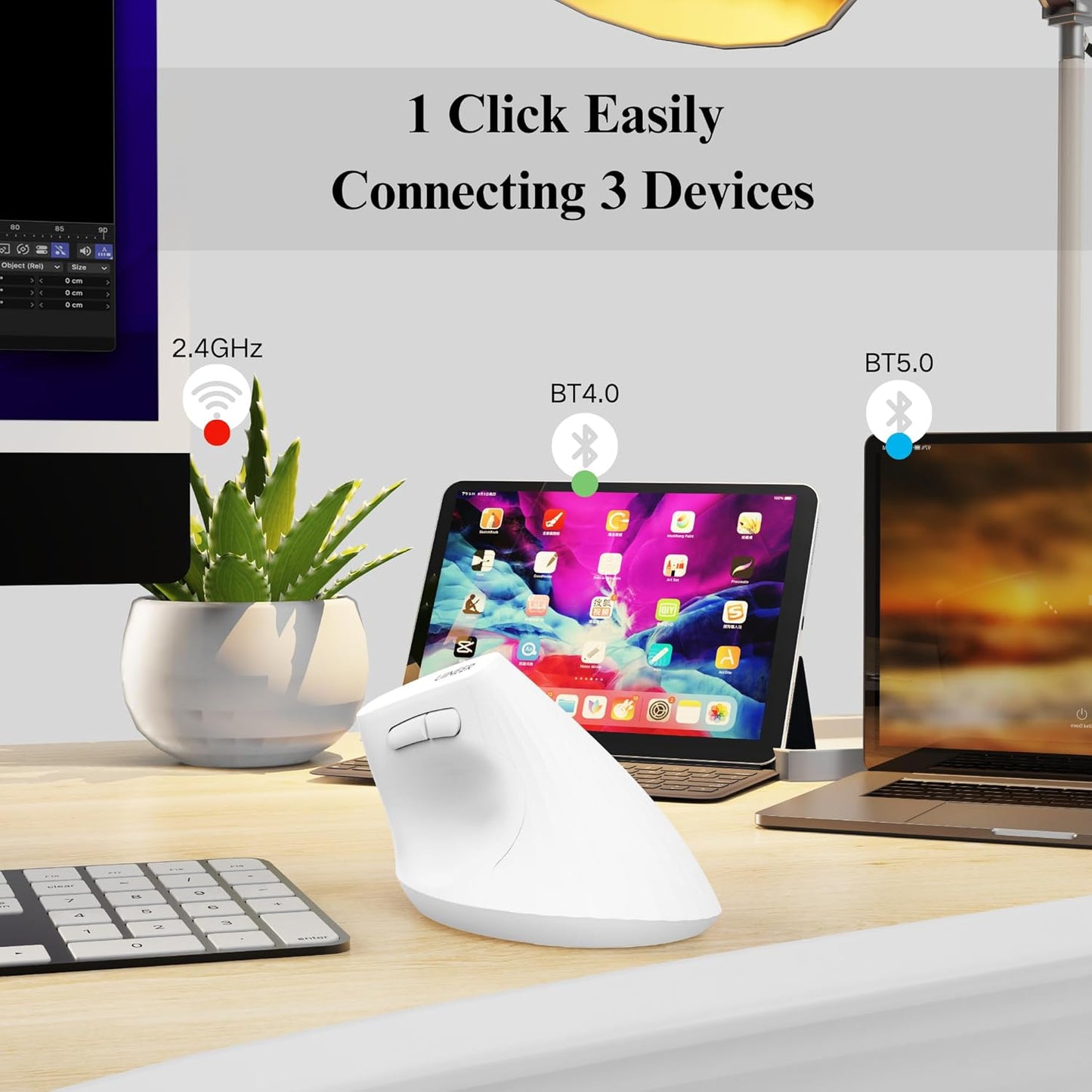 Vertical Wireless Mouse,Bluetooth Mouse with BT5.0/4.0/2.4G, Rechargeable Mouse with Battery Indicator,Ergonomic Design for Comfort and Reduced Wrist Strain, Ideal for Home& Office Use (White)