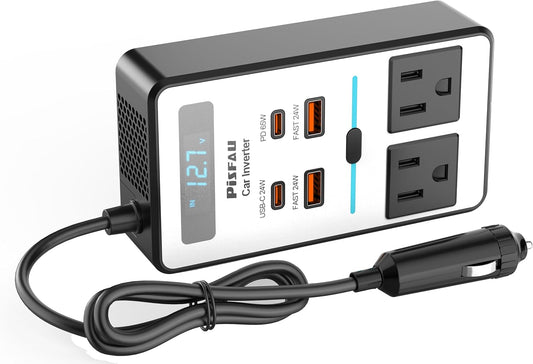 200W Car Power Inverter DC 12V to 110V AC,Cigarette Lighter Adapter Plug with [65W USB-C]/USB-Fast Charger 24W/Multiple USB/Laptop car Charger with Voltage Display