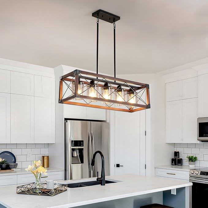 Rustic Hanging Lights Fixture Farmhouse Chandeliers for Dining Room Kitchen Island Light Fixtures 5-Light Wood Chandelier Over Dining Table with Clear Glass Shade-Walnut