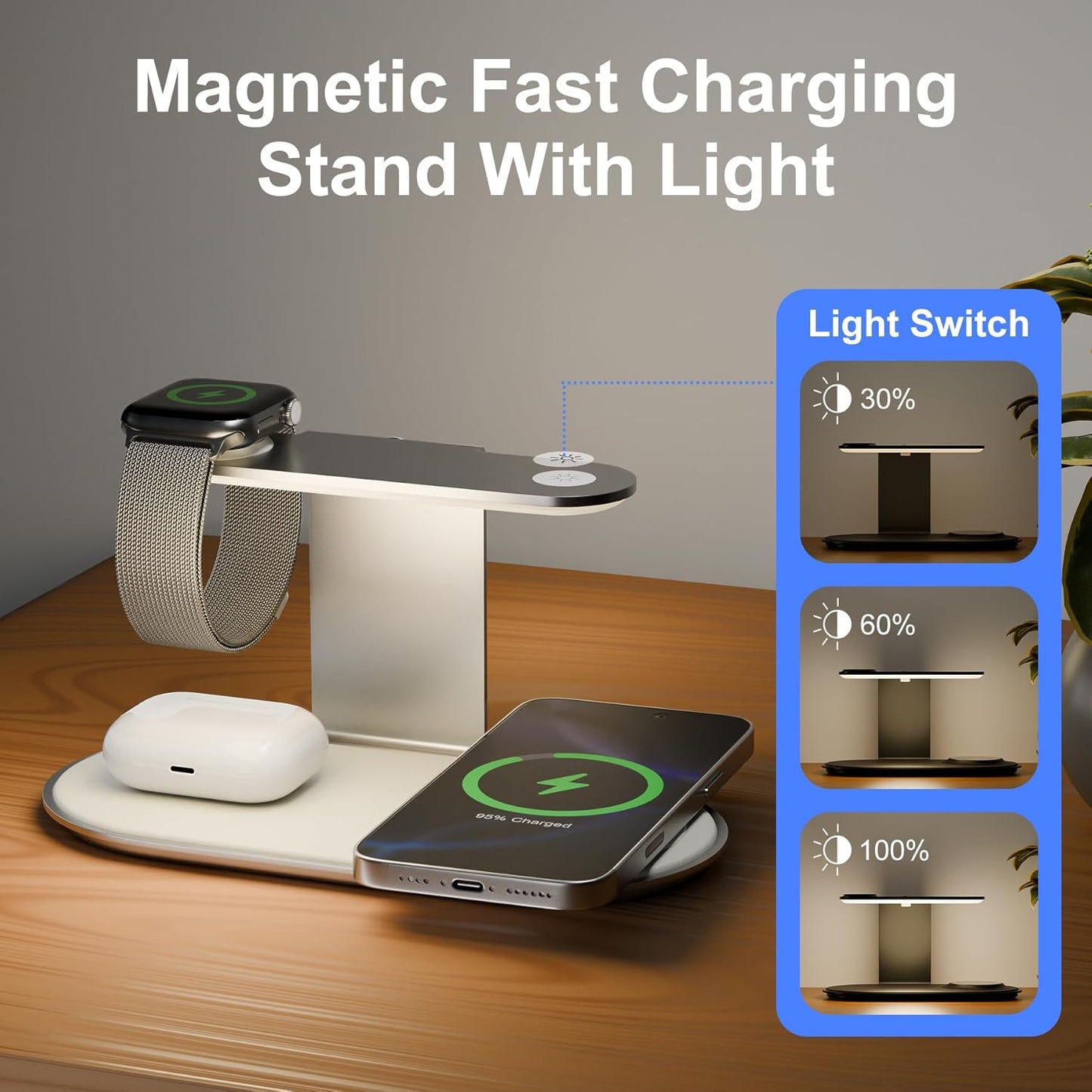 4-in-1 for Magsafe Wireless Charging: 15W Qi Magnetic Fast Charger Station Pad with Night Light for iPhone 16 15 14 13 12 Pro Max - for Apple Watch and AirPods Series - Desk Nightstand Bedside, Silver