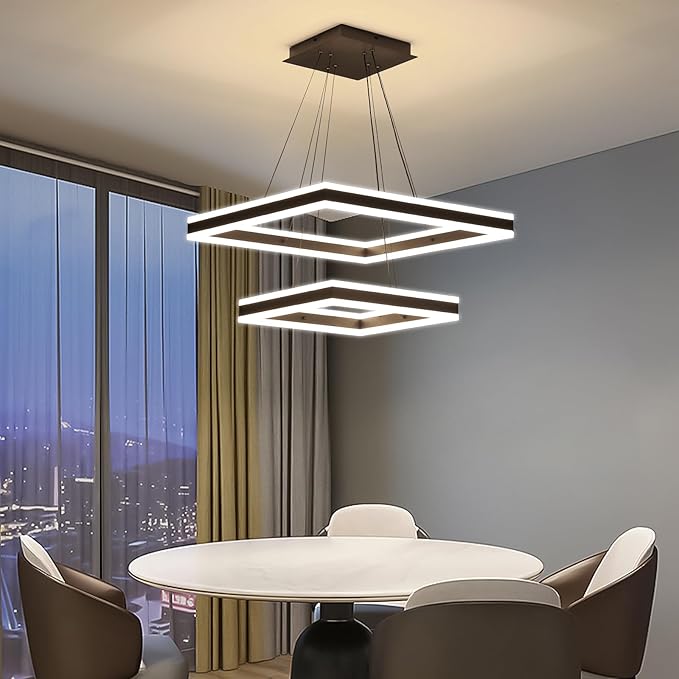 Modern Chandeliers for Living Room, 2 Ring Square LED Pendant Light Fixture, 3000K-6500K Dimmable Dining Room Ceiling Hanging Light Over Table, Modern Kitchen Island Lighting Adjustable Height