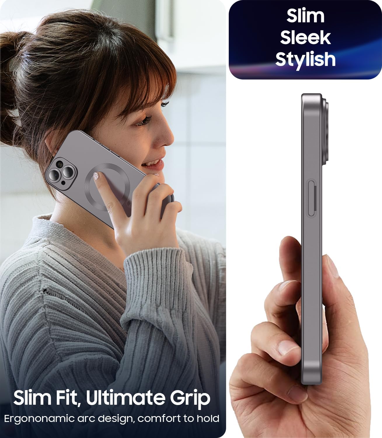 Magnetic for iPhone 15 Case [Compatible with MagSafe][Built-in Camera Lens Protector] Slim Soft Silicone Bumper Shockproof Metallic Shine Phone Case (Gray)
