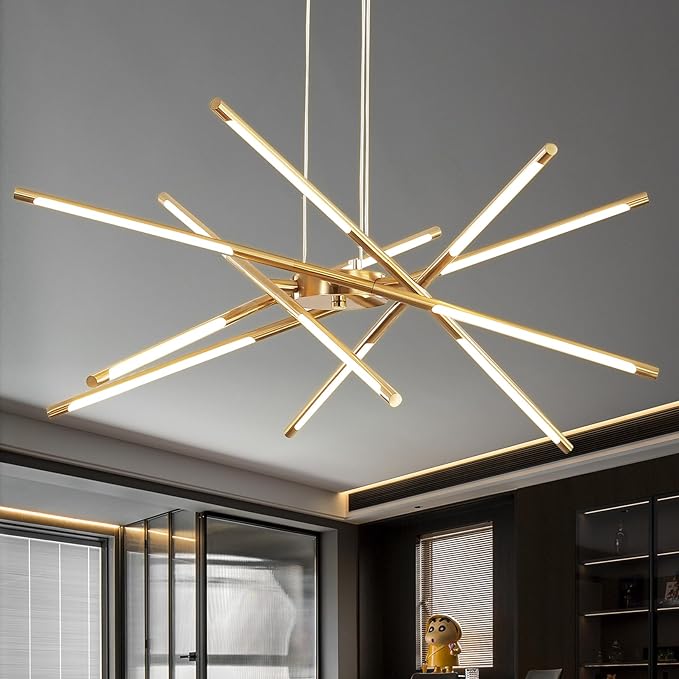 Modern Gold Chandelier, 12-Light LED Linear Pendant Light Fixture, Dimmable Gold Chandeliers for Dining Room, Living Room, Bedroom, Kitchen Island