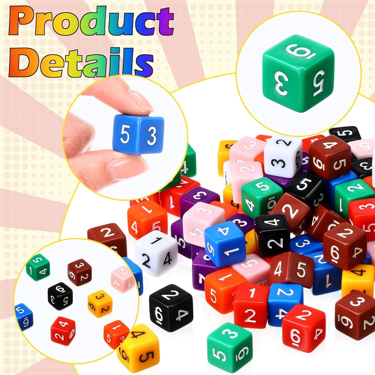 Poen 100 Pcs 16mm Dice Set Bulk, 6 Sided Standard Colored Dices with Numbers, D6 Polyhedral Games Dice for Board Games, Parties (Solid Color)