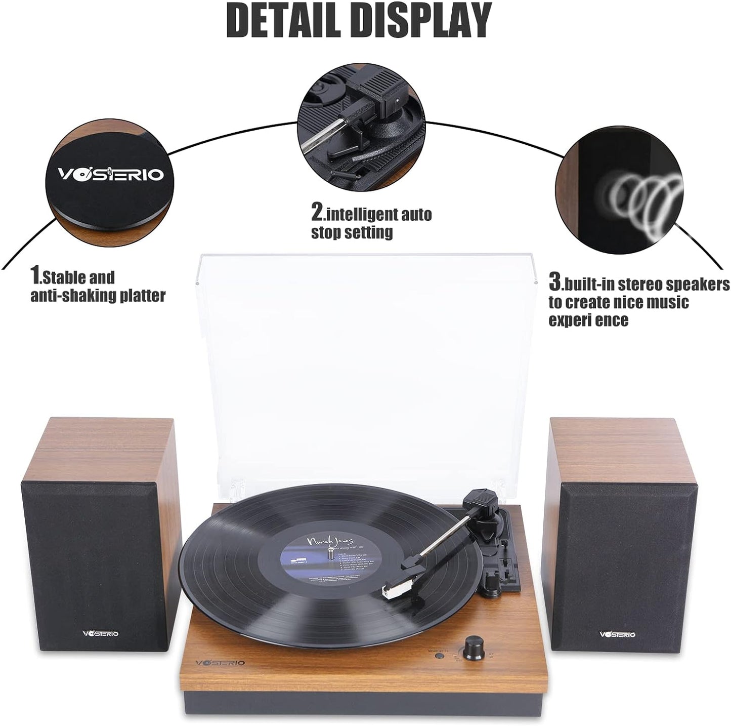 Bluetooth Record Player, 3-Speed Belt-Driven Turntable with Bluetooth Input& Output, Aux-in, Two 15W External Speakers, Retro Vinyl Player, Walnut