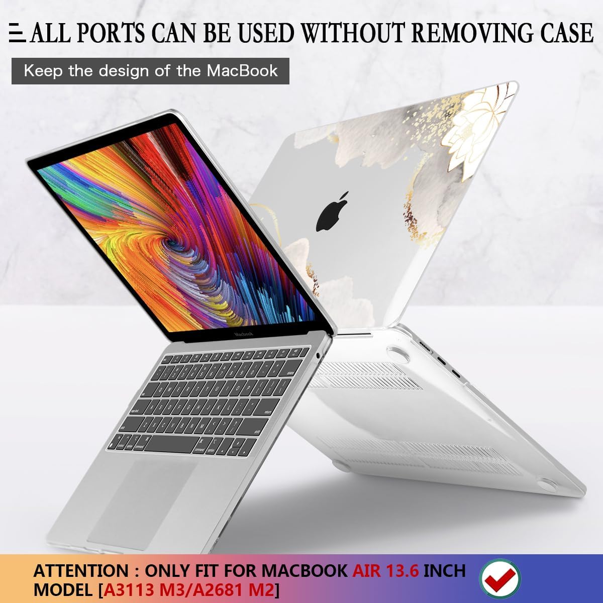 CISSOOK for MacBook Air 13.6 inch Case 2025 2024 2023 2022 Release Model M3 A3113 M2 A2681, Lotus Hard Shell Case Keyboard Cover for MacBook Air 13 M2 M3 M4 Chip, Charming Painting