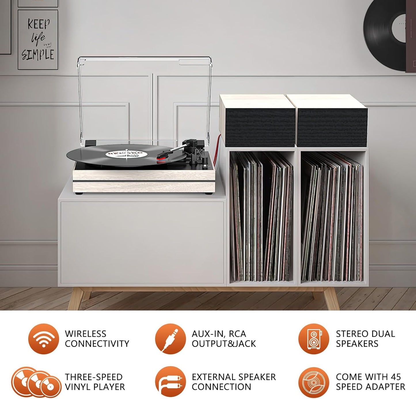 Record Player for Vinyl with External Speakers, Belt-Drive Turntable with Dual Stereo Speakers Vintage Vinyl LP Player Support 3 Speed Wireless AUX Headphone Input Auto Stop for Music Lover White
