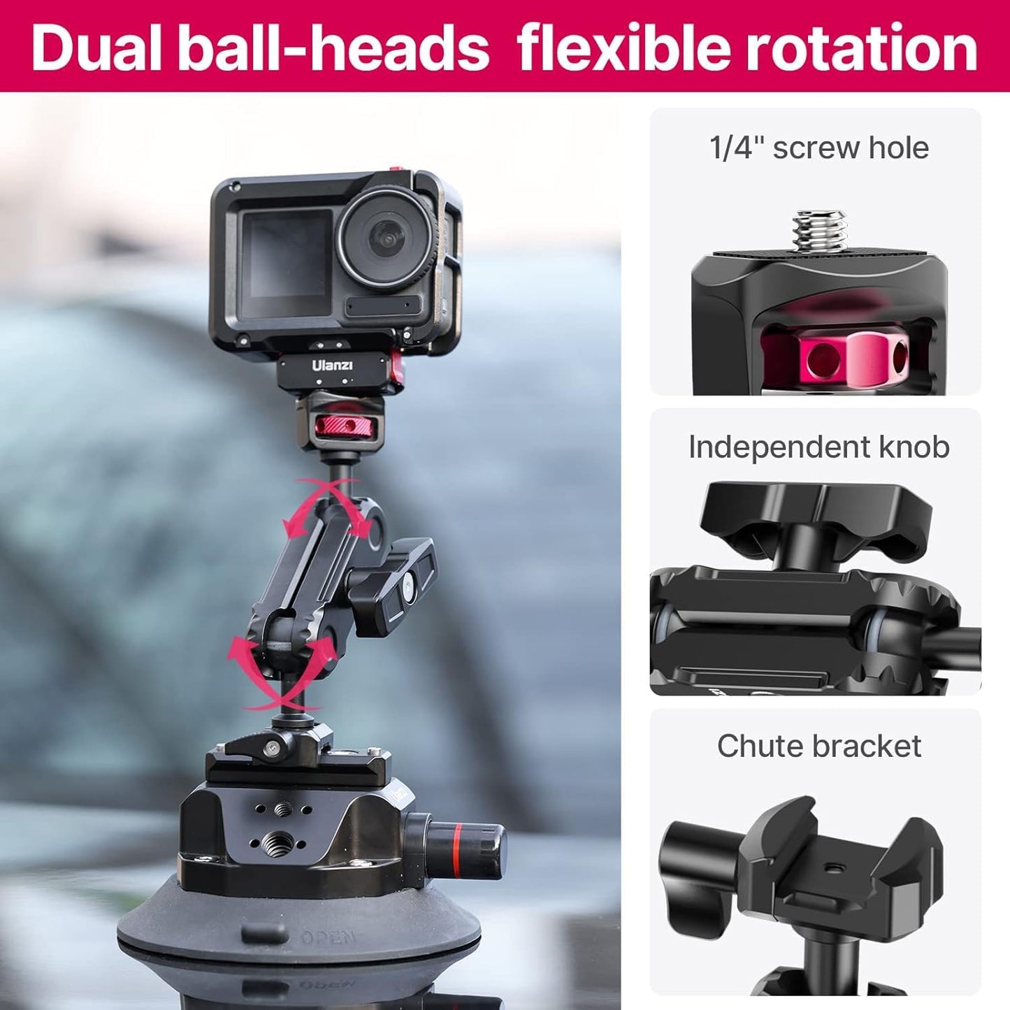 ULANZI SC-02 Suction Mount 4.5'', Magic Arm Bracket for DSLR Cameras Action Camera Video Shooting Filming, Compatible with DJI OSMO Pocket 3/Insta 360 x5/OSMO 360/Sony/Canon/Nikon/Fuji Action Cameras