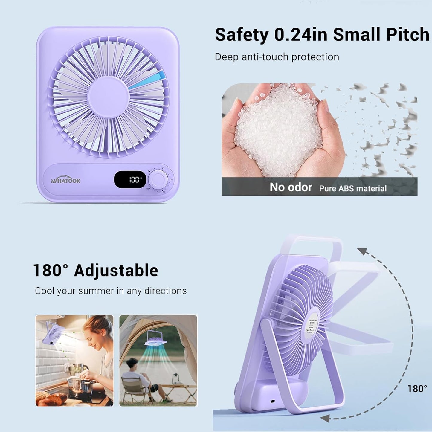 WHATOOK Small Desk Fan Personal Fans: 5000mah 25 Hours Battery Office Quiet Mini Desktop Fan Portable Rechargeable Travel Essentials (Purple, 2000)