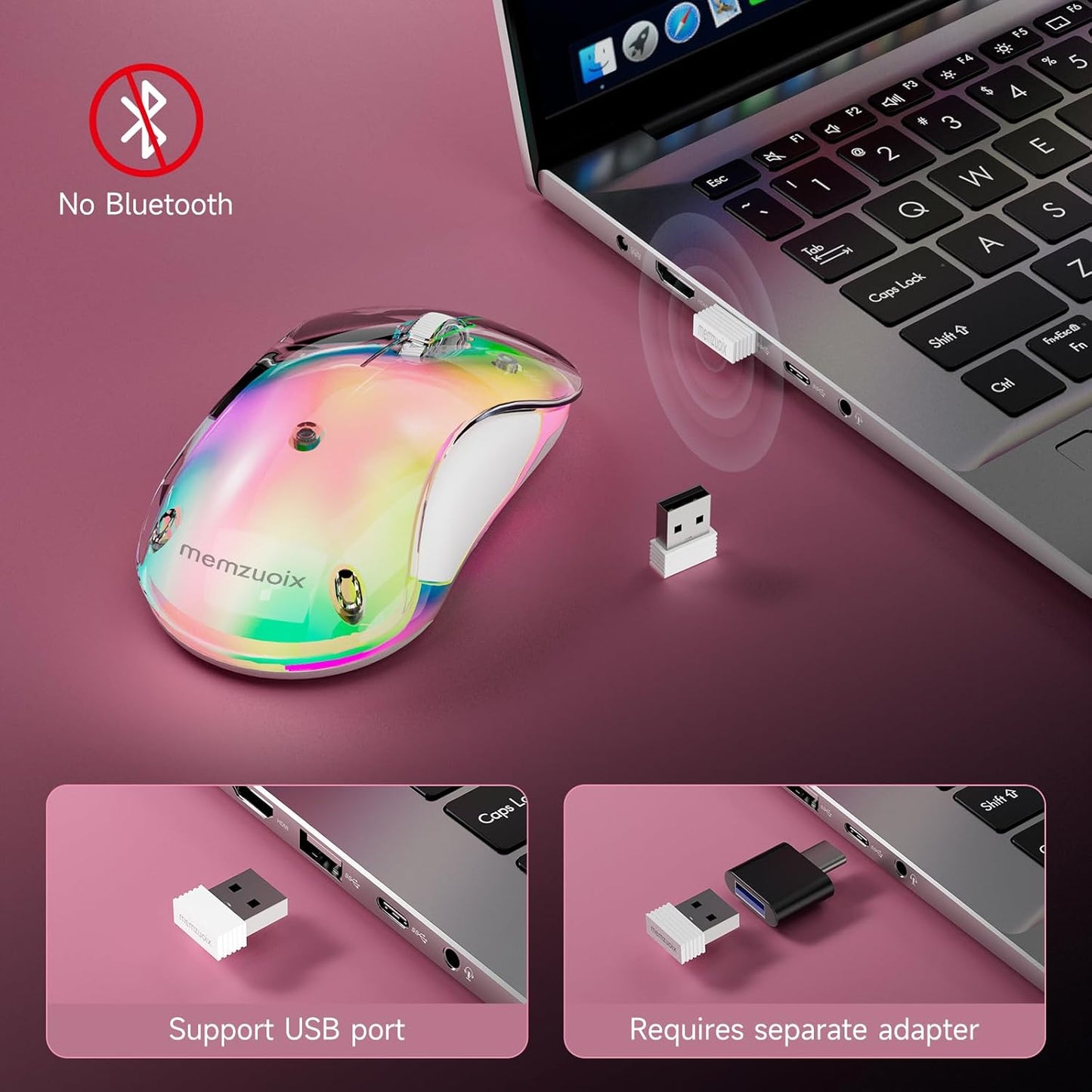 memzuoix 2.4G LED Wireless Mouse, Rechargeable Ergonomic Mouse with Detachable Cover, 1200 DPI Portable Optical Computer Mouse with USB Receiver for Laptop, PC, Desktop and MacBook, 5 Buttons-Pink
