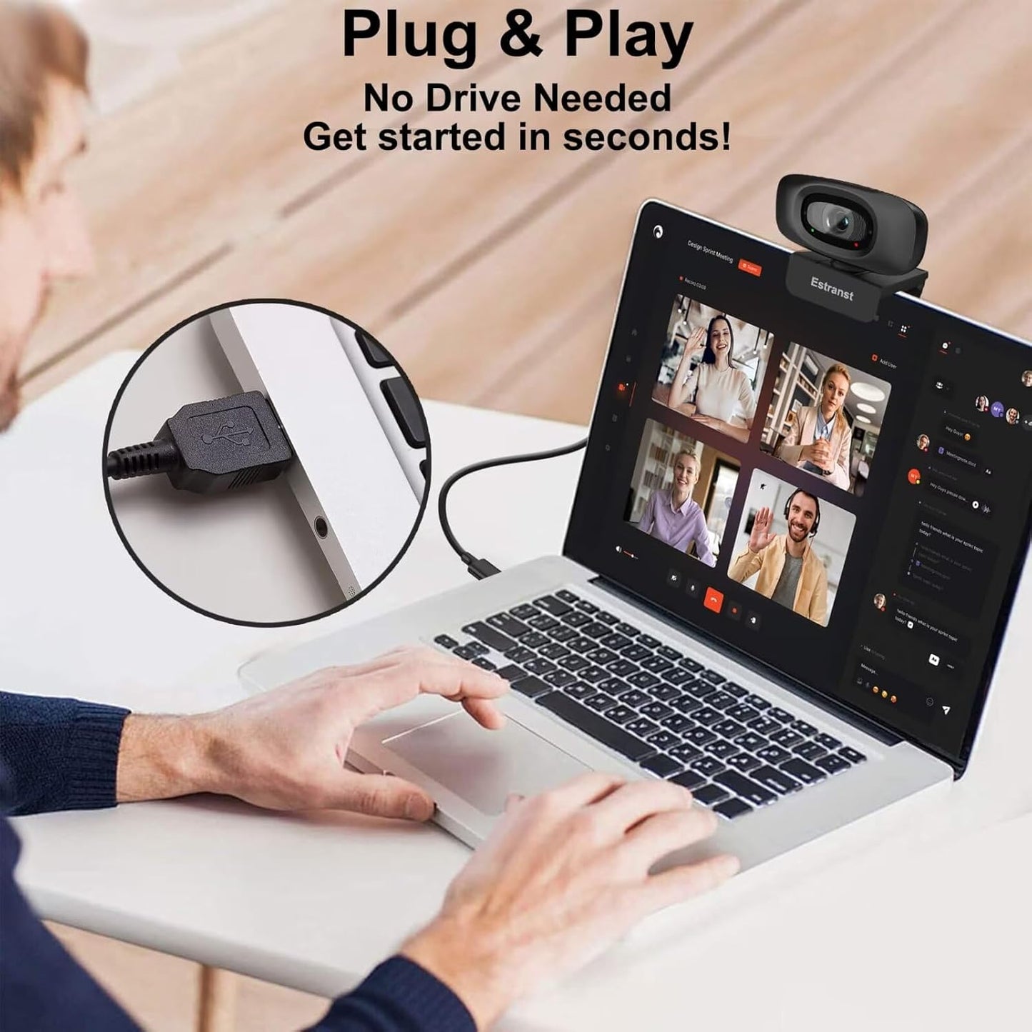 2K Quad HD Webcam with Privacy Cover & Noise-Canceling Microphone & USB C Adapter, Video Web Streaming Camera for PC Computer Desktop Laptop Mac Zoom Teams &More, 2pcs Cable Organizer