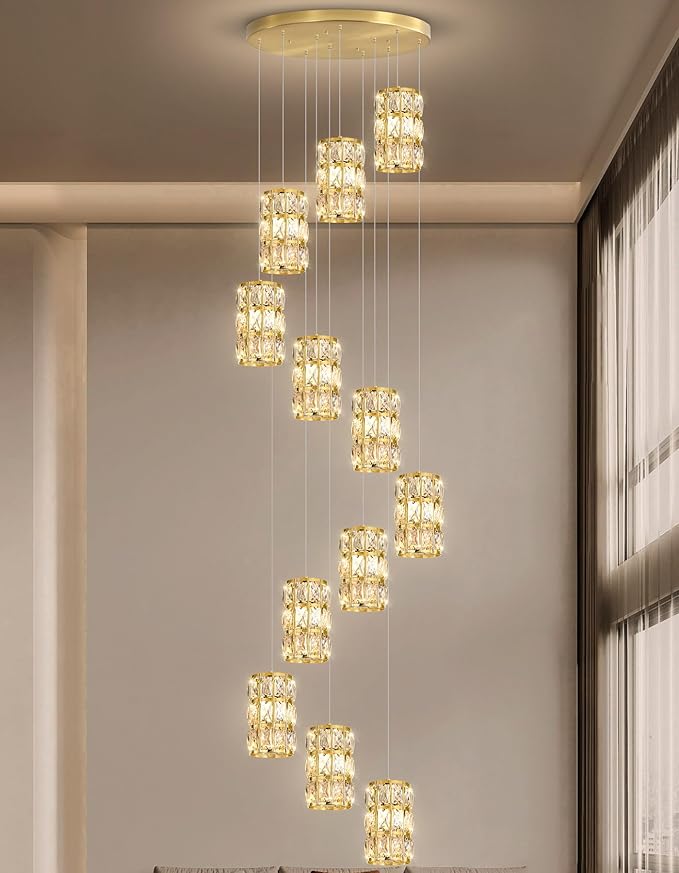 12-Lights Modern Crystal LED Dimmable for Staircase Foyer High Ceiling Chandeliers Hallway Gold