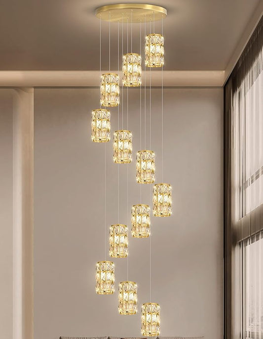 12-Lights Modern Crystal LED Dimmable for Staircase Foyer High Ceiling Chandeliers Hallway Gold