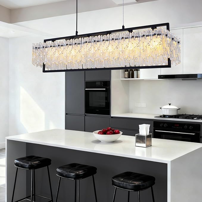 MantoLite Luxe Dining Room Light Fixture Farmhouse Crystal Chandeliers for Dining Room 32" Matte Black Rectangle Design 6-Light Banquet Pendant Light E12 3000K-6000K Compact for
