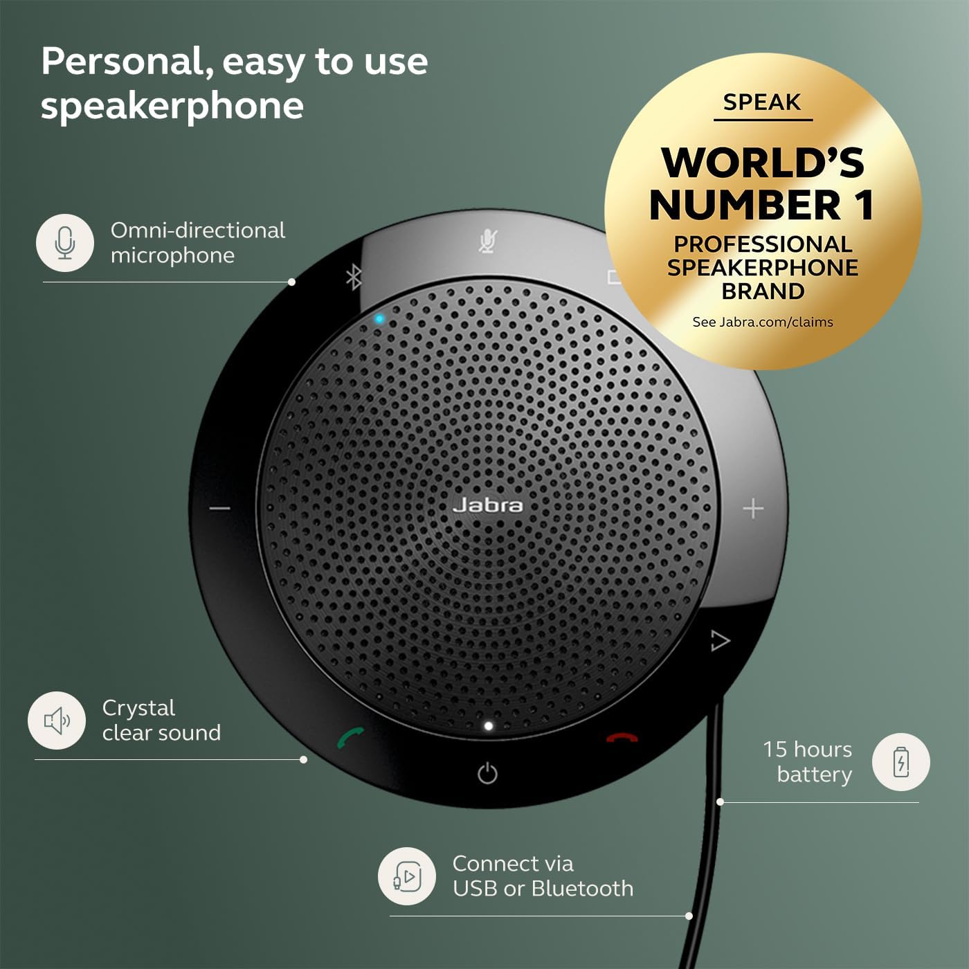 Jabra Speak 510 (2025 Edition) Portable, USB or Wireless Bluetooth Speaker Meetings and Calls with Crystal-Clear Sound, Works with Microsoft Teams, Black
